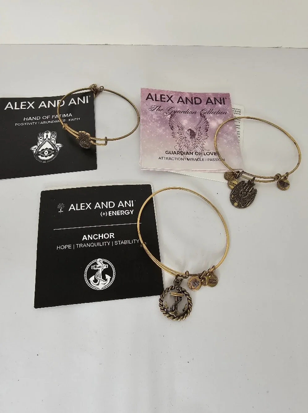 Alex and Ani Bracelet Set of 3 Guardian of Love, Anchor & Hand of Fatima Bangles